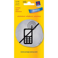 Piktogram Zákaz používání mobilních telefonů AVERY, průměr 75 mm, stříbrný - 3228