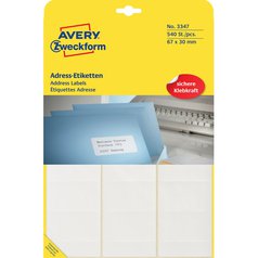 Adresní etikety AVERY na ruční popis, proděravění na každém štítku 67x30 mm, bílé - 3347