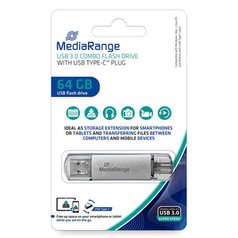 MediaRange USB flash disk, USB 3.0, 64GB, stříbrný, MR937, USB A / USB C, s kryt