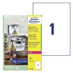 Etikety AVERY odolné vlivům počasí, pro laser, 210x297 mm, 100 listů, A4, bílé - L4775-100